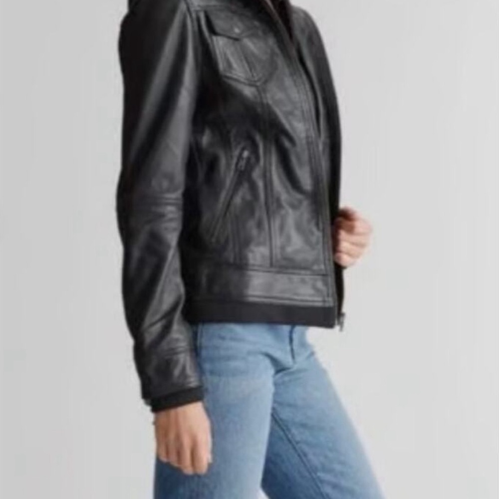 Quince Women’s Black Leather Jacket with Hood Insert - Picture 4 of 8